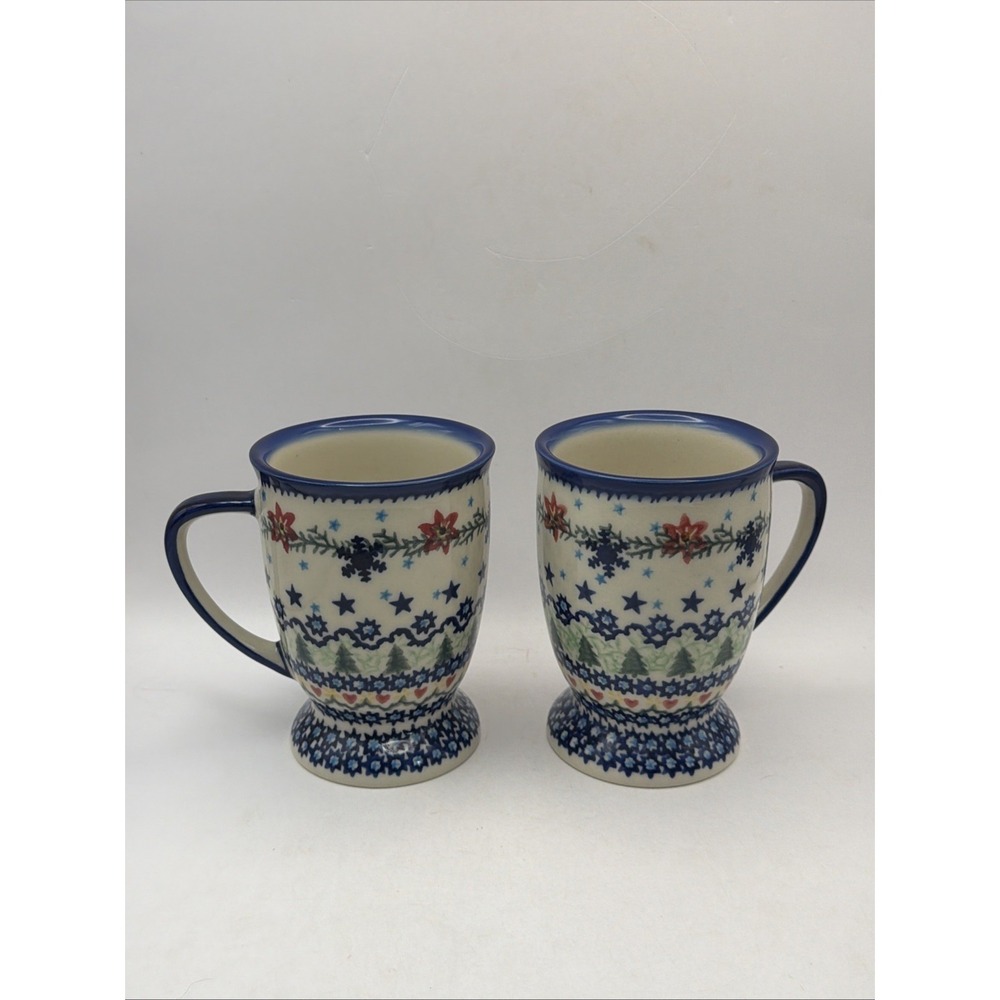 2 Polish Pottery Ceramic Cappuccino Mugs Boleslawiec 10 oz Poinsettias & Trees
